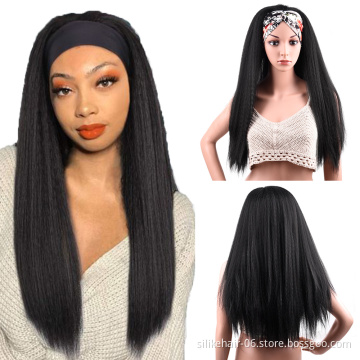 Hot Selling 24 Inch Chic Style Kinky Straight Hair Headband Wig With Pre-attached Scarf Synthetic Yaki Straight Headband Wigs